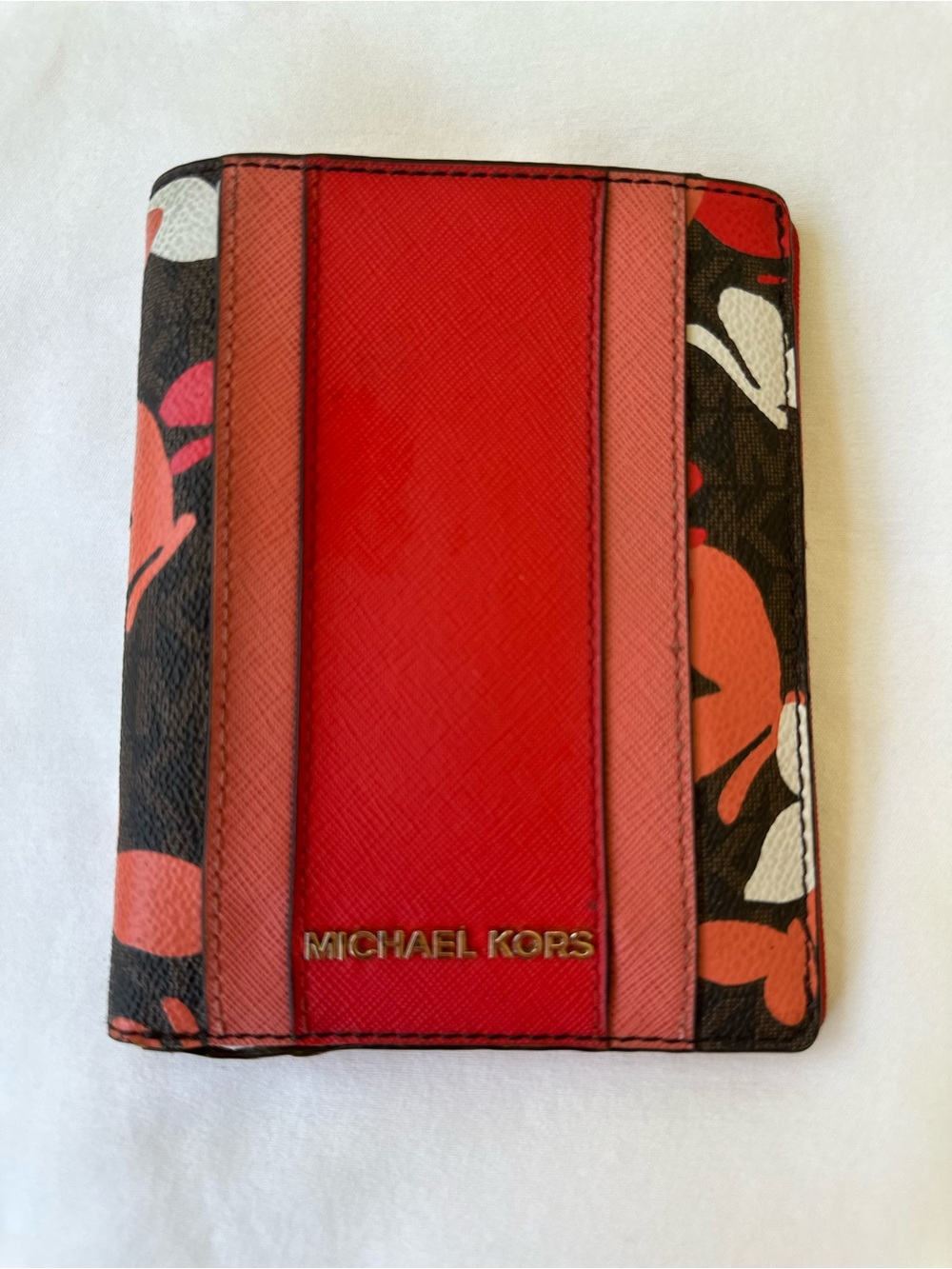 Michael Kors Jet Set Travel Butterfly Passport Holder Wallet Red MK Logo Bifold